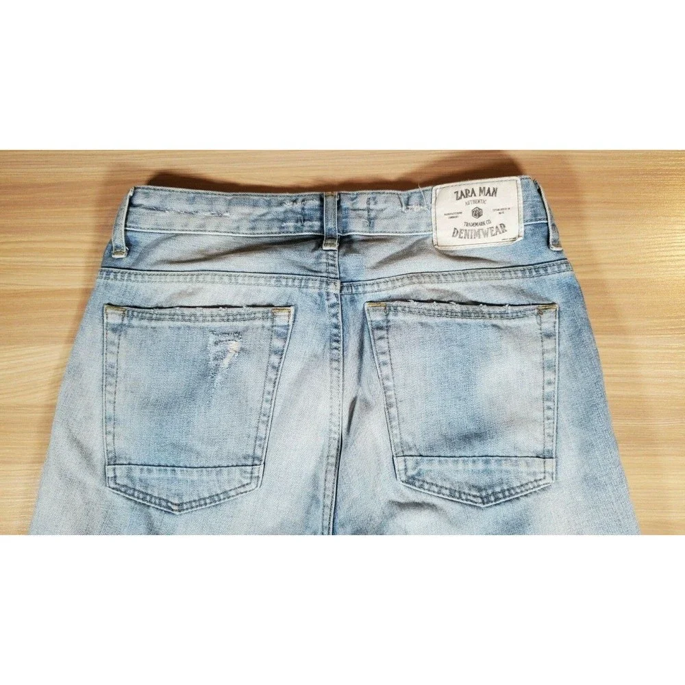 Zara Man Jeans Button Fly Distressed Holes Light‎ Blue - Men Size 29